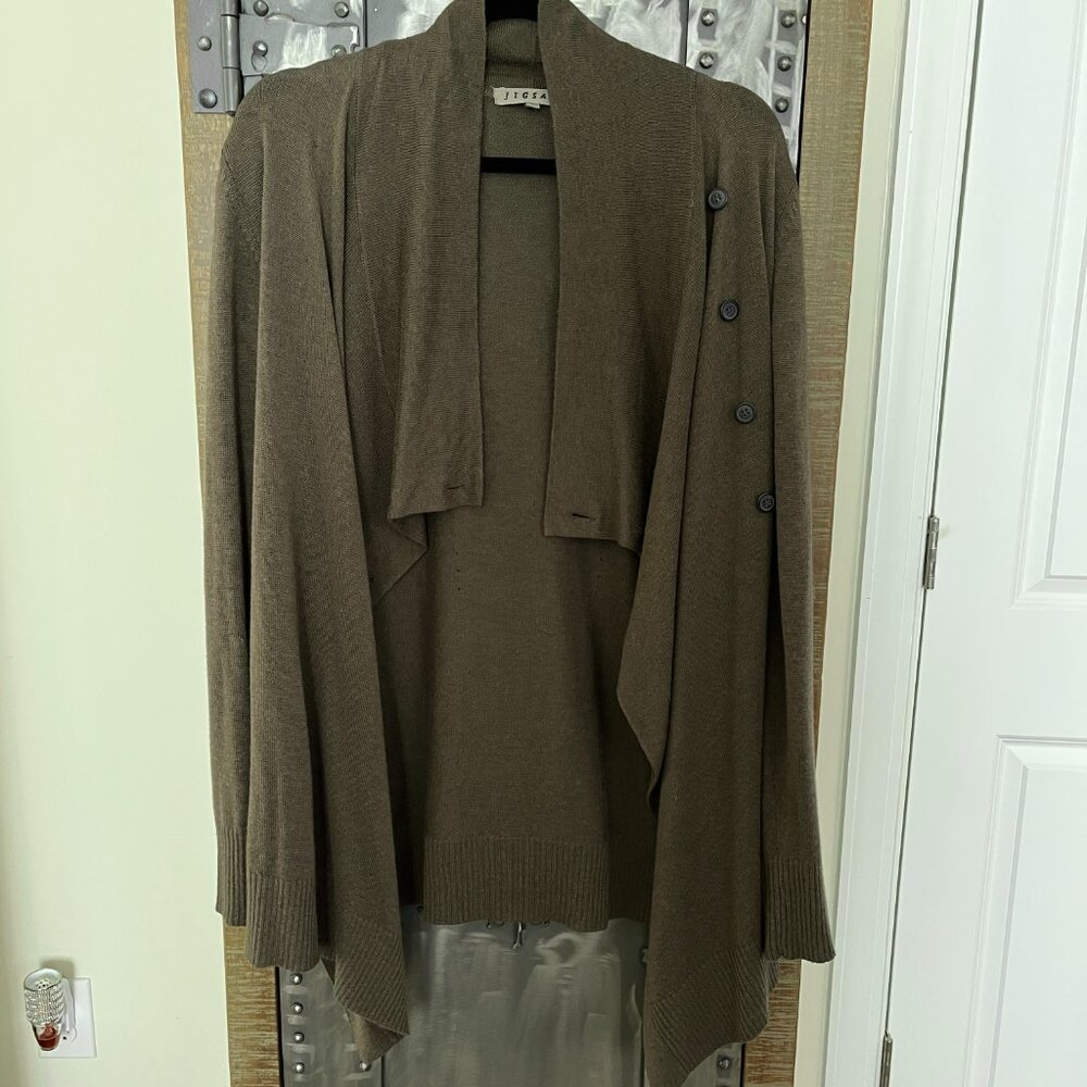 JIGSAW Y2K Merino Wool Asymmetrical Draped Cardigan - Dark Khaki Green Large